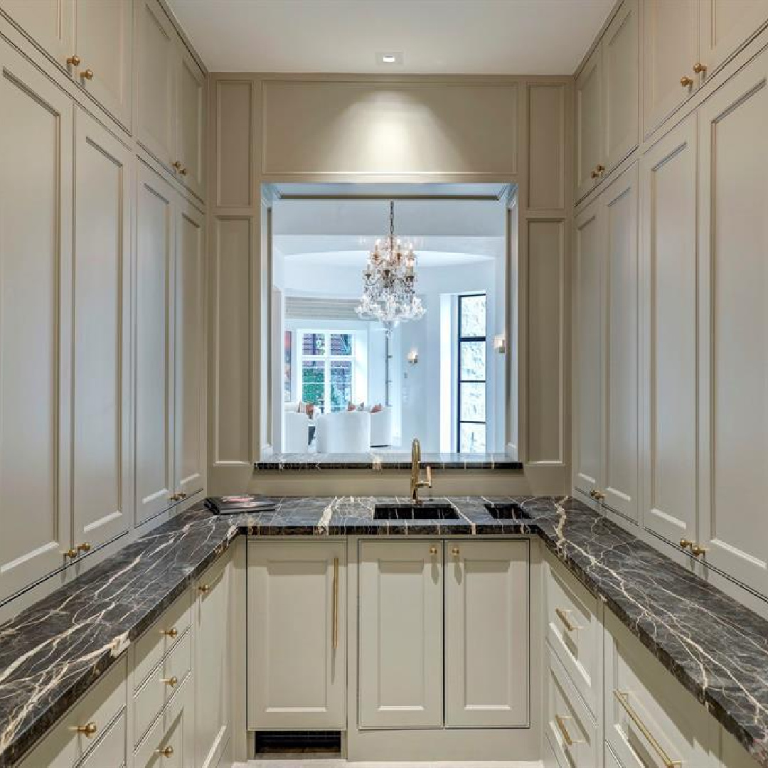 Magnificent pantry with opening to dining area. 2445 Pine Valley Ct., Houston - Jennifer Hamelet of Mirador Builders; European style and interiors with reclaimed materials from Chateau Domingue. #europeanmanor #oldworldstyle
