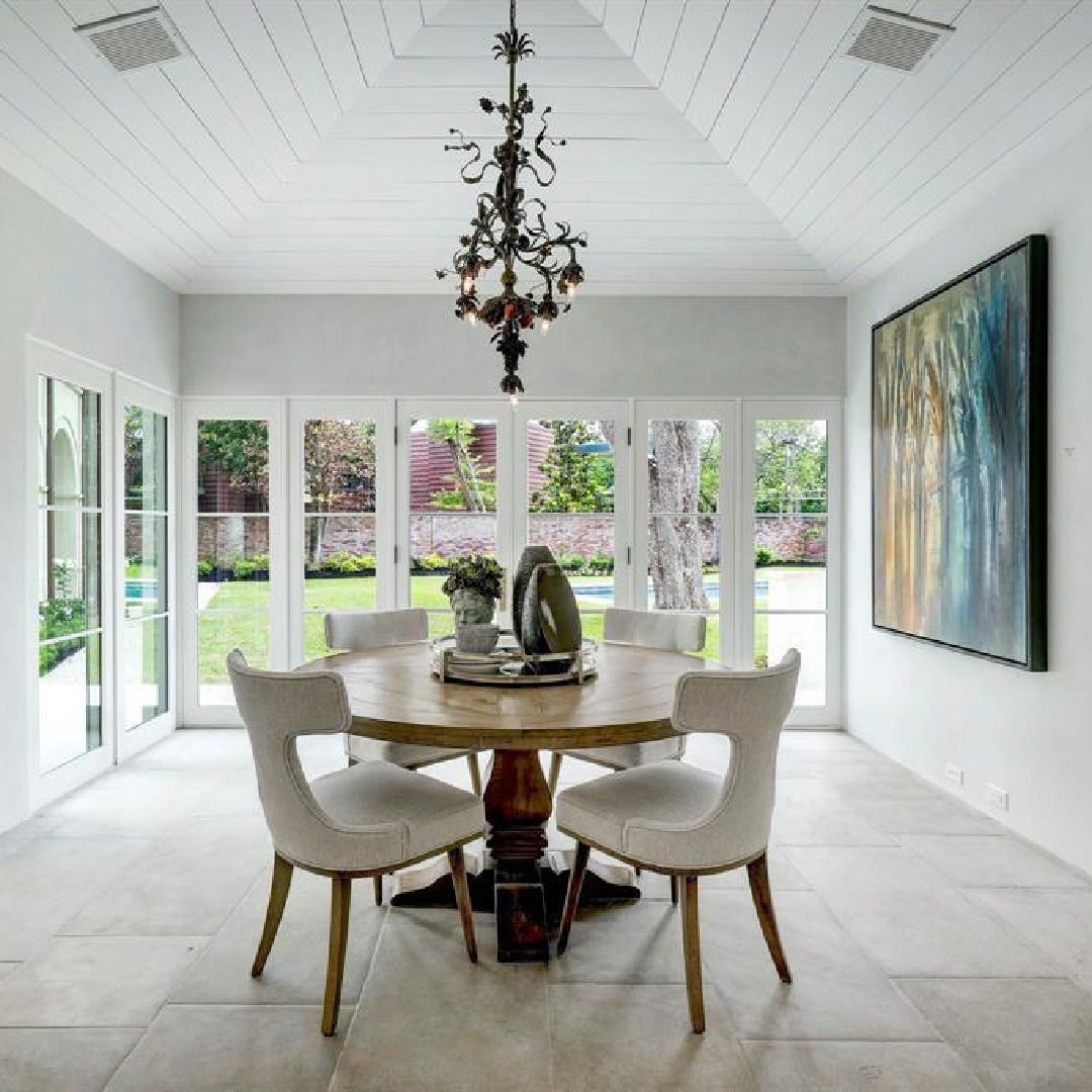 Dining area in 2445 Pine Valley Ct., Houston - Jennifer Hamelet of Mirador Builders; European style and interiors with reclaimed materials from Chateau Domingue. #europeanmanor #oldworldstyle