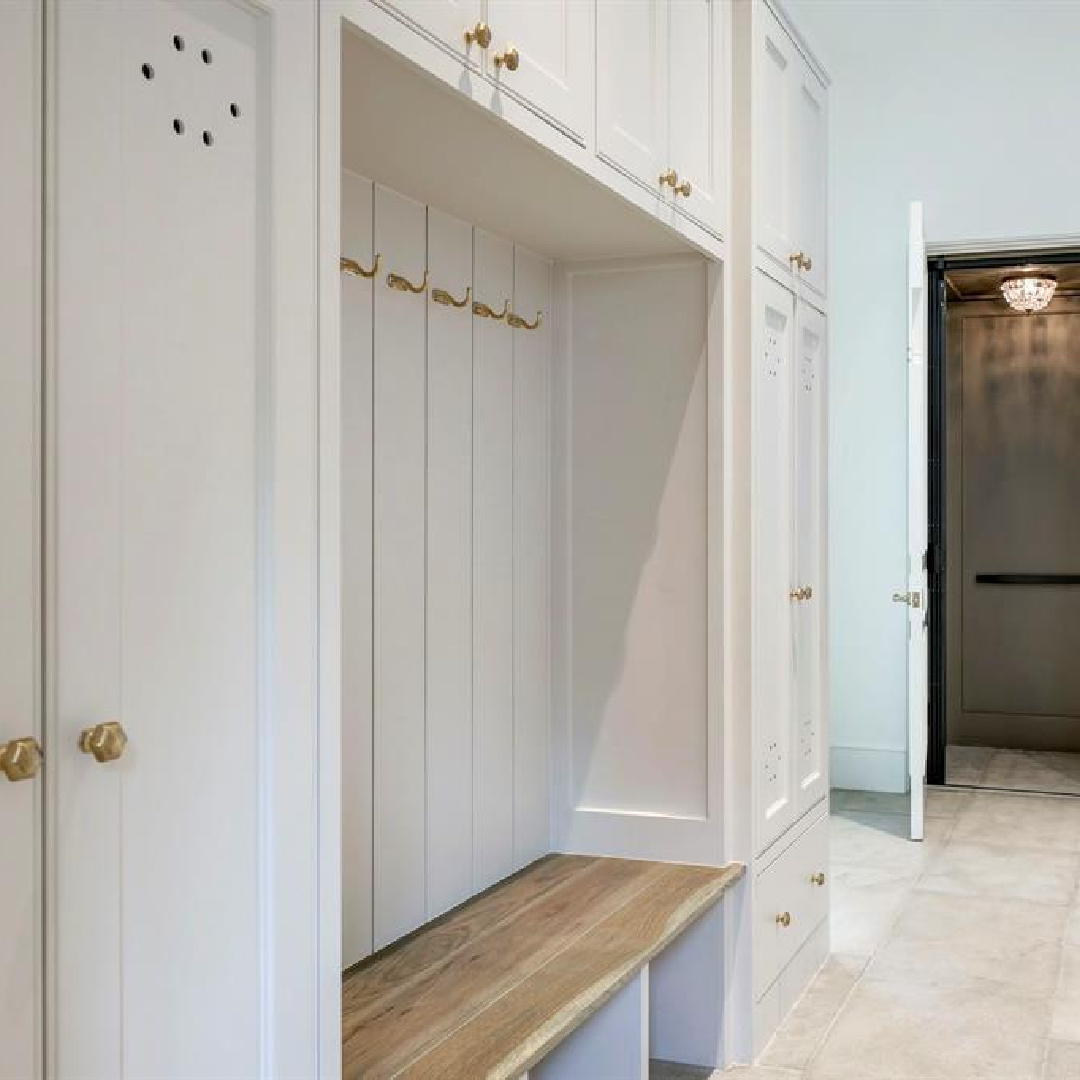 Mudroom and elevator area in 2445 Pine Valley Ct., Houston - Jennifer Hamelet of Mirador Builders; European style and interiors with reclaimed materials from Chateau Domingue. #europeanmanor #oldworldstyle