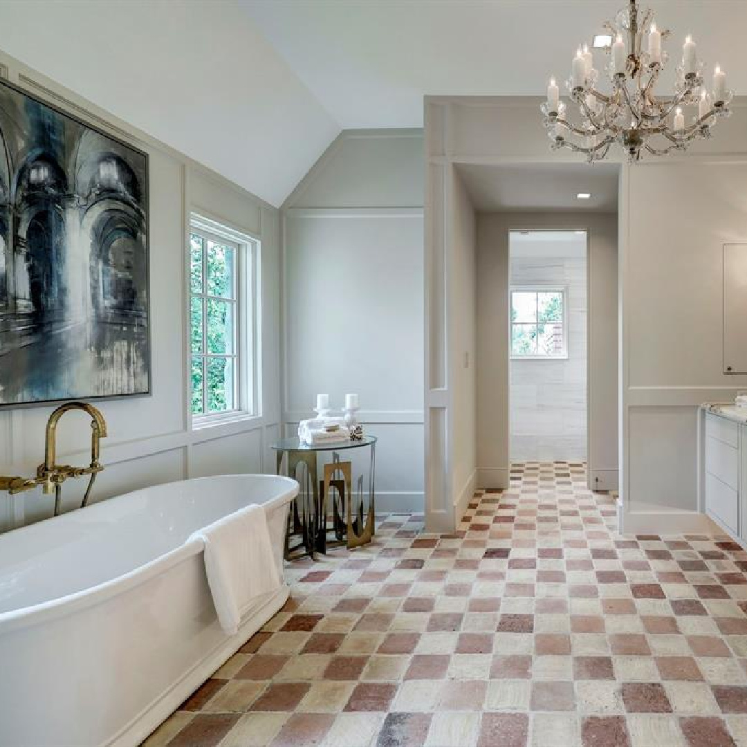 Stone floor in checkered pattern in bath. 2445 Pine Valley Ct., Houston - Jennifer Hamelet of Mirador Builders; European style and interiors with reclaimed materials from Chateau Domingue. #europeanmanor #oldworldstyle