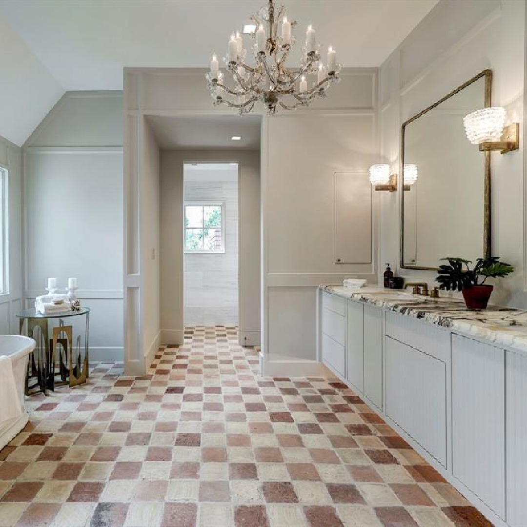 Stone floor in checkered pattern in bath. 2445 Pine Valley Ct., Houston - Jennifer Hamelet of Mirador Builders; European style and interiors with reclaimed materials from Chateau Domingue. #europeanmanor #oldworldstyle