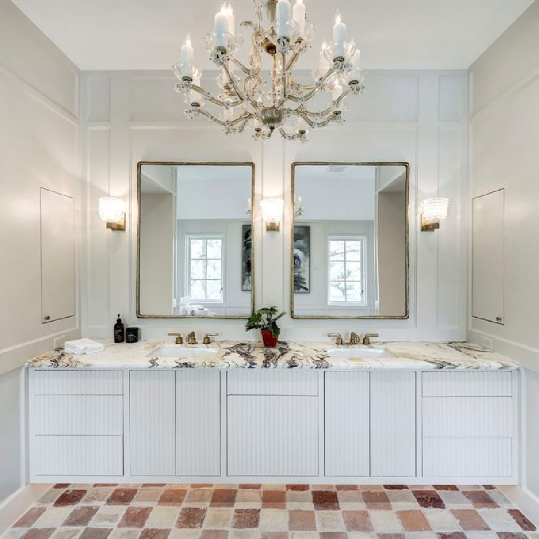 Stone floor in checkered pattern in bath. 2445 Pine Valley Ct., Houston - Jennifer Hamelet of Mirador Builders; European style and interiors with reclaimed materials from Chateau Domingue. #europeanmanor #oldworldstyle