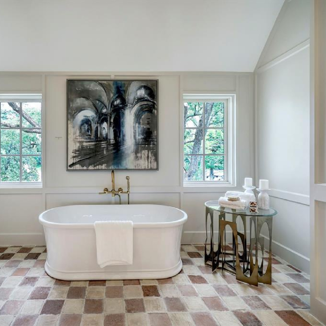 Stone floor in checkered pattern in bath. 2445 Pine Valley Ct., Houston - Jennifer Hamelet of Mirador Builders; European style and interiors with reclaimed materials from Chateau Domingue. #europeanmanor #oldworldstyle