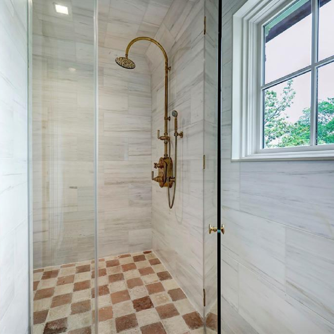 Stone floor in checkered pattern in bath. 2445 Pine Valley Ct., Houston - Jennifer Hamelet of Mirador Builders; European style and interiors with reclaimed materials from Chateau Domingue. #europeanmanor #oldworldstyle