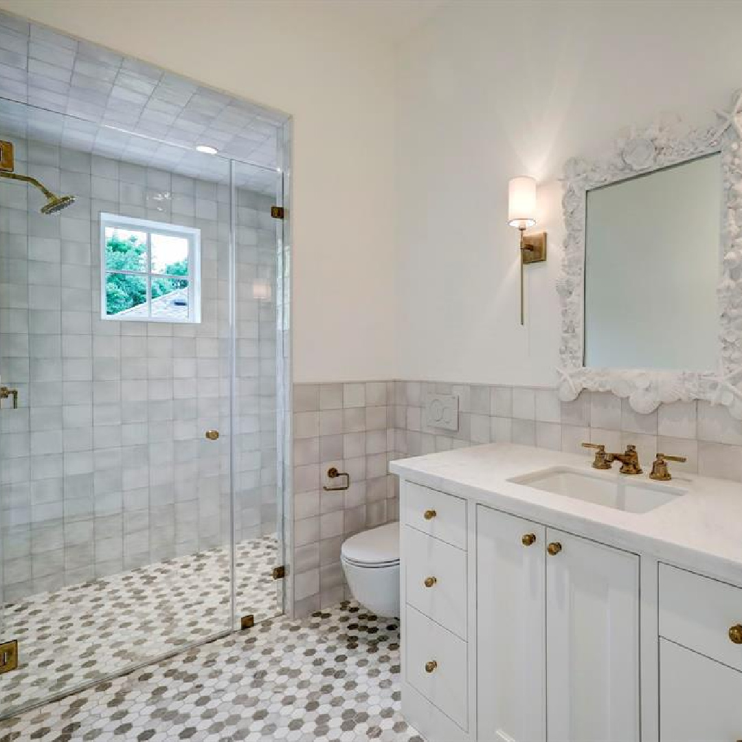 Luxurious materials in a bath at 2445 Pine Valley Ct., Houston - Jennifer Hamelet of Mirador Builders; European style and interiors with reclaimed materials from Chateau Domingue. #europeanmanor #oldworldstyle