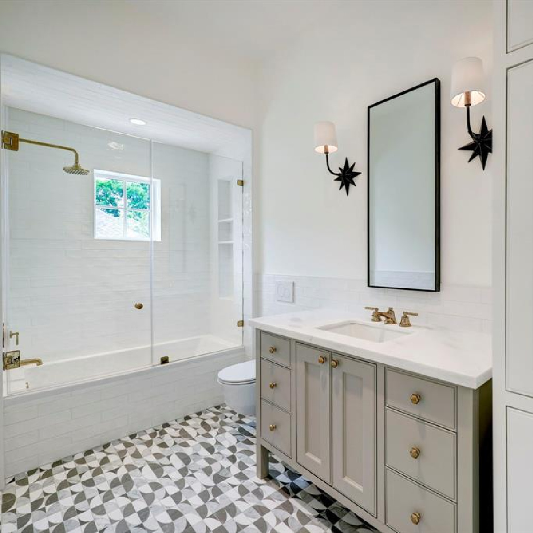 Elegant understated bath design at 2445 Pine Valley Ct., Houston - Jennifer Hamelet of Mirador Builders; European style and interiors with reclaimed materials from Chateau Domingue. #europeanmanor #oldworldstyle