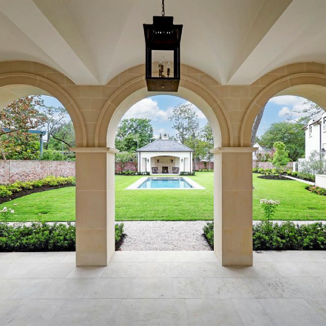 Arches in loggia design at 2445 Pine Valley Ct., Houston - Jennifer Hamelet of Mirador Builders; European style and interiors with reclaimed materials from Chateau Domingue. #europeanmanor #oldworldstyle
