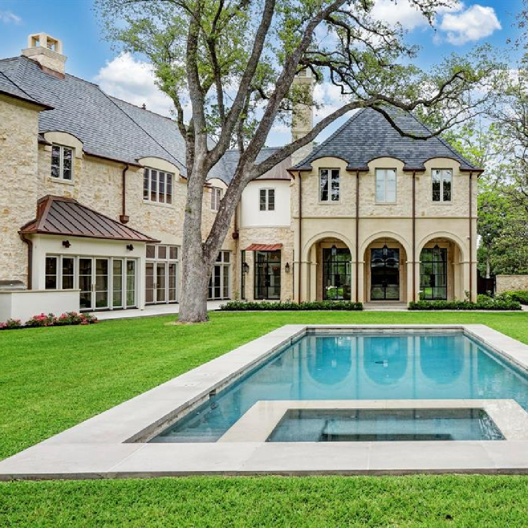 Pool area at 2445 Pine Valley Ct., Houston - Jennifer Hamelet of Mirador Builders; European style and interiors with reclaimed materials from Chateau Domingue. #europeanmanor #oldworldstyle