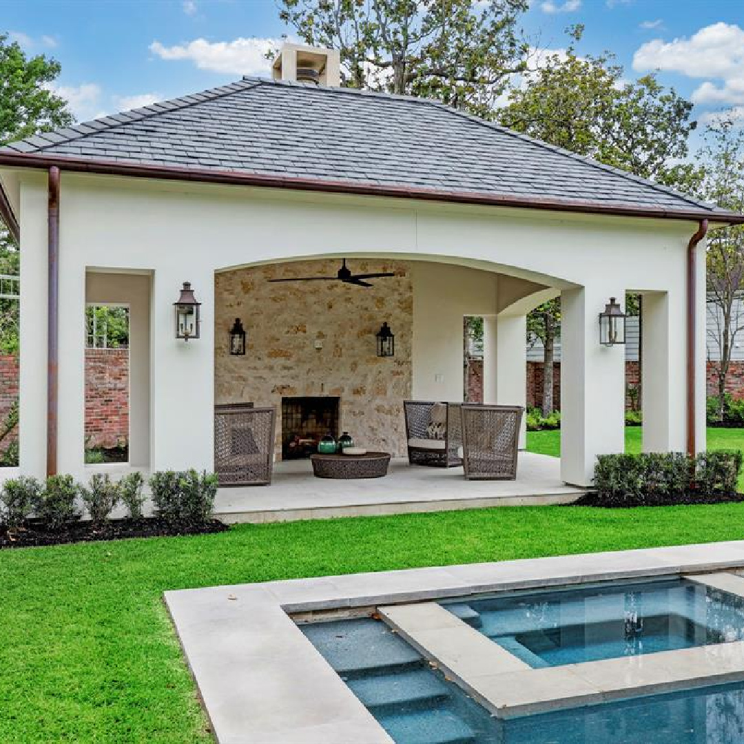 Pool area at 2445 Pine Valley Ct., Houston - Jennifer Hamelet of Mirador Builders; European style and interiors with reclaimed materials from Chateau Domingue. #europeanmanor #oldworldstyle