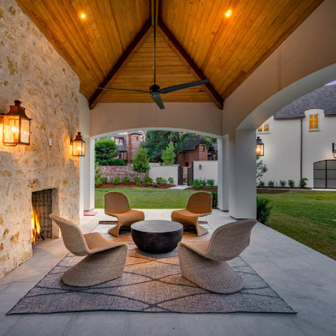 Rustic elegance and stone fireplace wall at 2445 Pine Valley Ct., Houston - Jennifer Hamelet of Mirador Builders; European style and interiors with reclaimed materials from Chateau Domingue. #europeanmanor #oldworldstyle