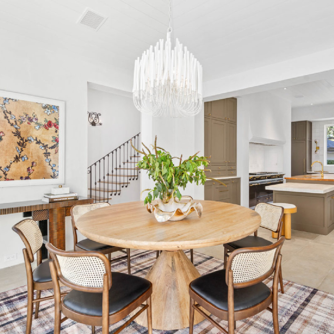 Dining and kitchen at 2445 Pine Valley Ct., Houston - Jennifer Hamelet of Mirador Builders; European style and interiors with reclaimed materials from Chateau Domingue. #europeanmanor #oldworldstyle