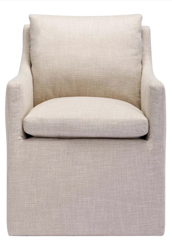 Linen upholstered Belgian style skirted armchair. #linenarmchair #slipcoveredchairs