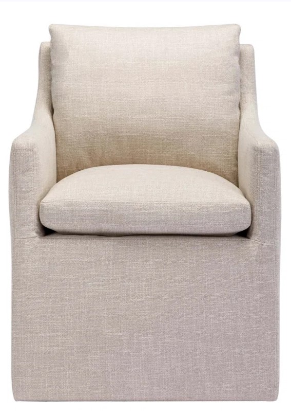 Linen slipcovered skirted armchair with European country style. #armchairs #belgianstyle