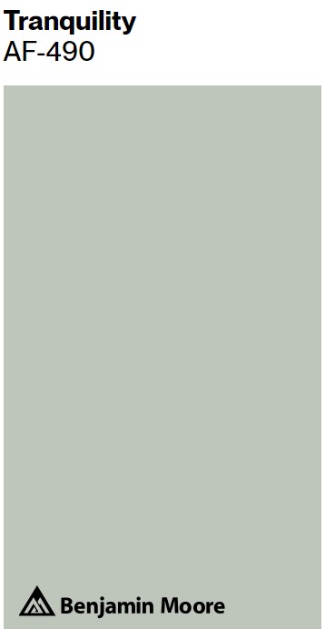 Benjamin Moore TRANQUILITY paint color swatch. #benjaminmooretranquility #serenepaintcolors #greengraypaintcolors