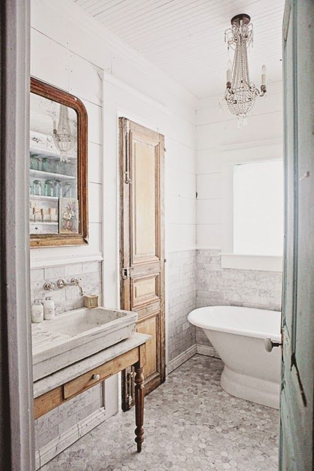 French farmhouse white carrera marble rustic elegant bath by Dreamy Whites. #frenchfarmhouse #bathroomremodel