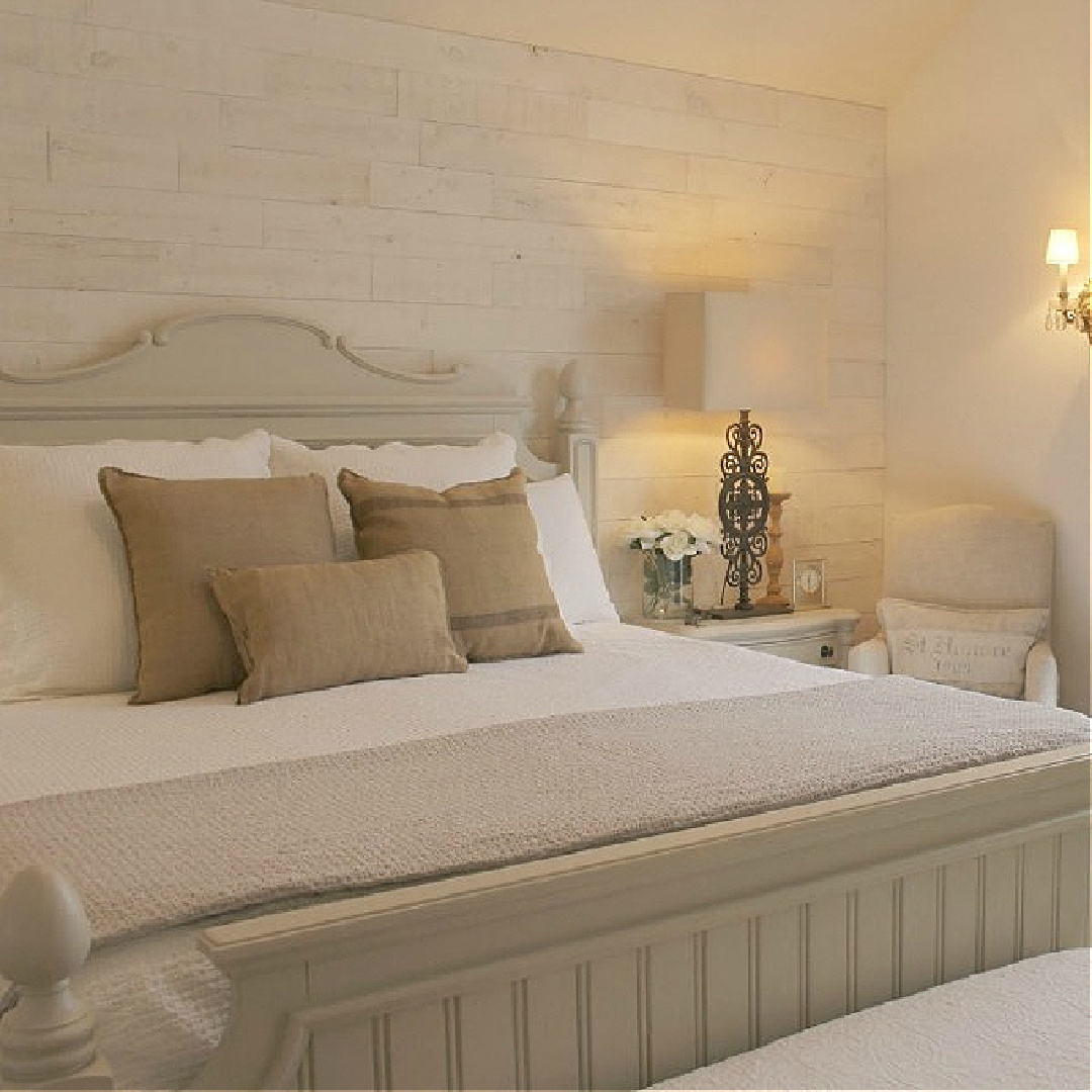 Serene cozy cottage bedroom with Stikwood accent wall (Hamptons) - Hello Lovely Studio. #europeancountry #frenchnordicstyle #romanticbedroom