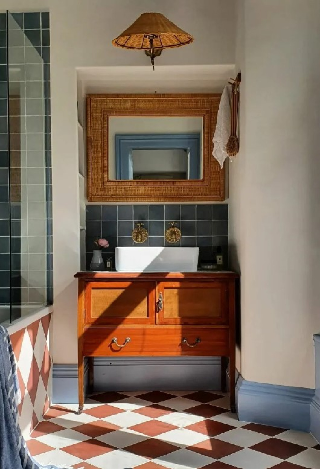 Farrow & Ball Lulworth Blue and Clunch in a beautiful bathroom with checkered floor. #lulworthblue #clunch #farrowandballpaintcolors