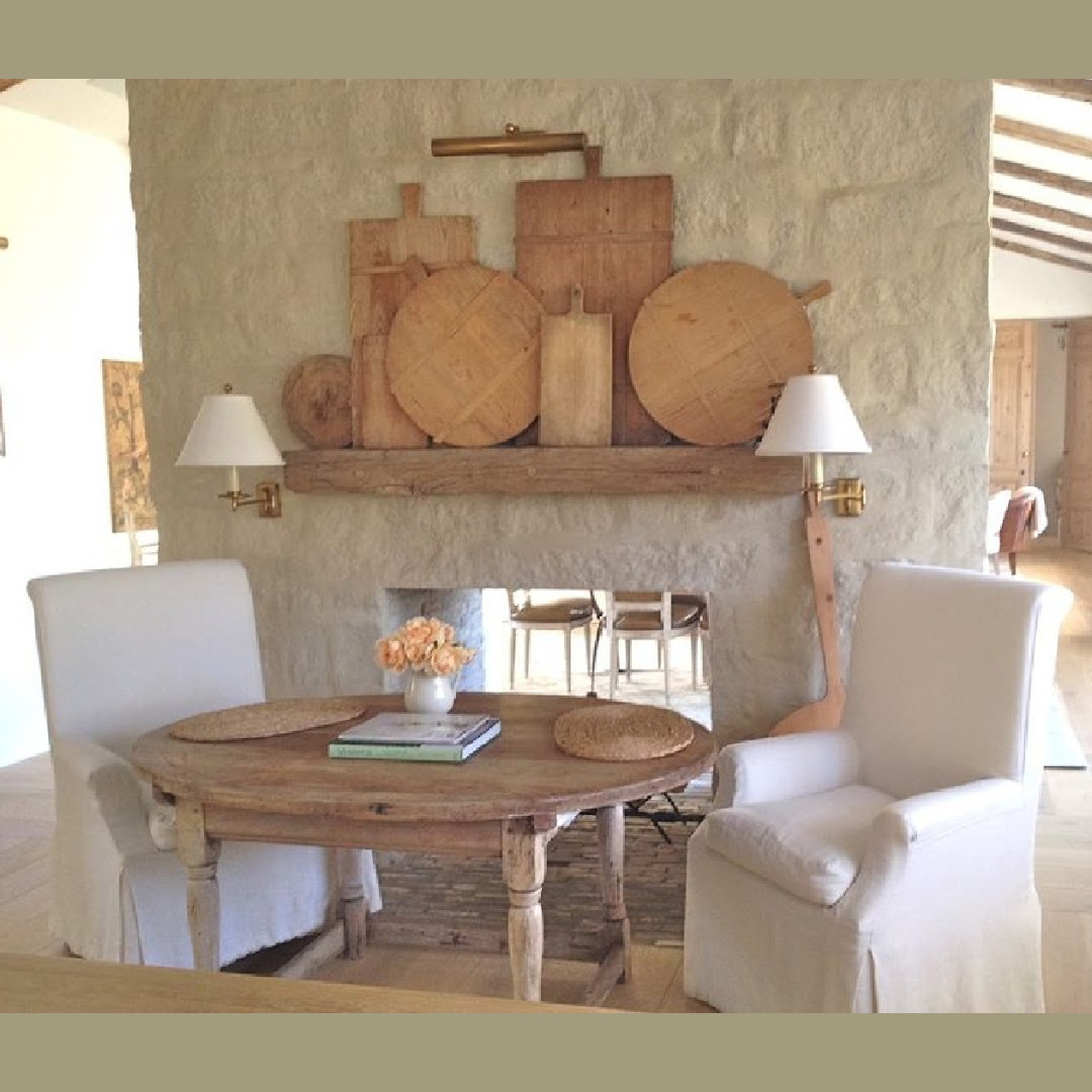 Brooke Giannetti - Velvet and Linen - Patina Farm kitchen breakfast nook with limestone fireplace and European country antiques. #frenchfarmhouse #patinafarm