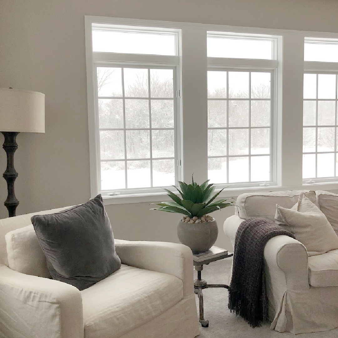 Belgian linen in my winter family room - Hello Lovely Studio. #belgianstyle #hellolovelyhome