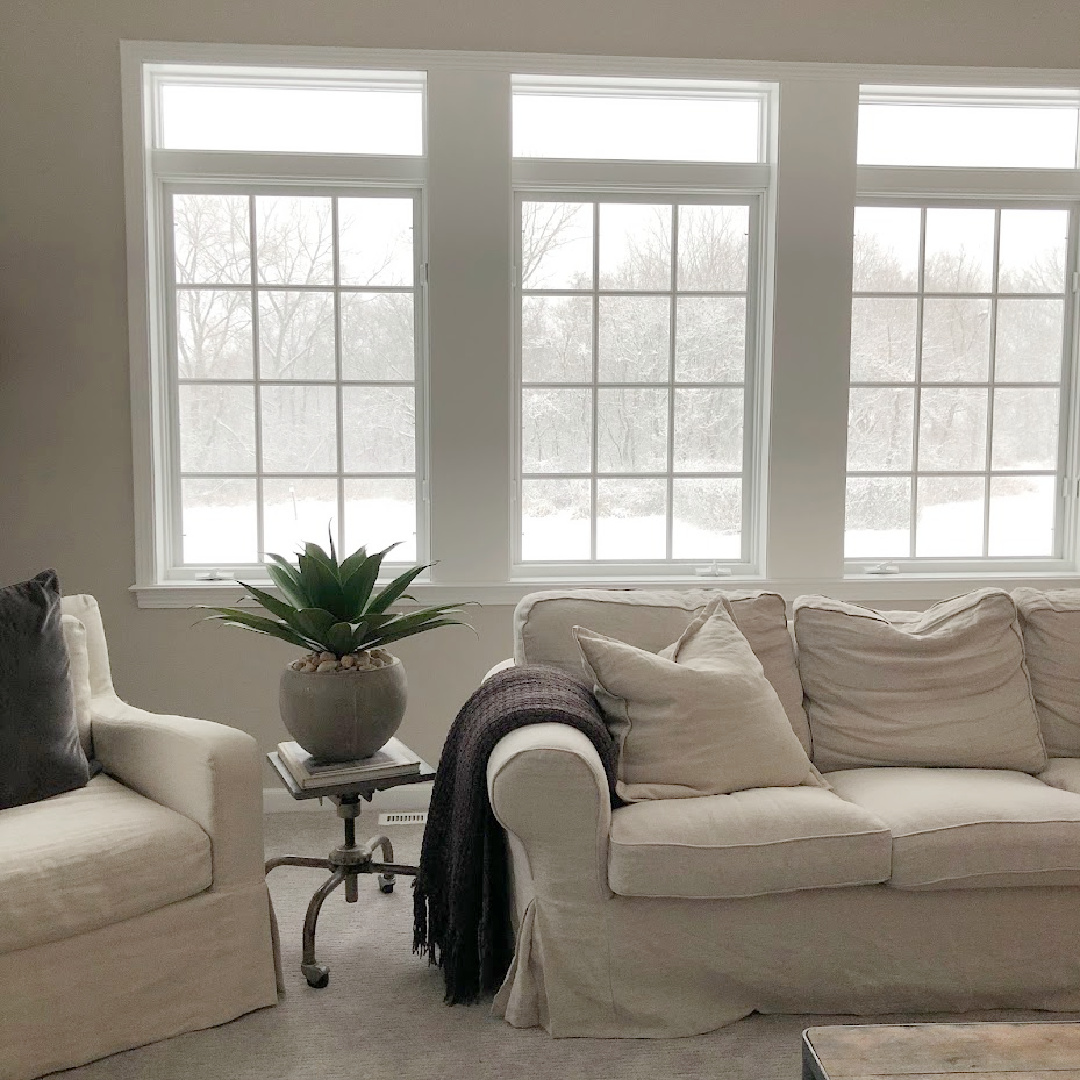 Belgian linen in my winter family room - Hello Lovely Studio. #belgianstyle #hellolovelyhome