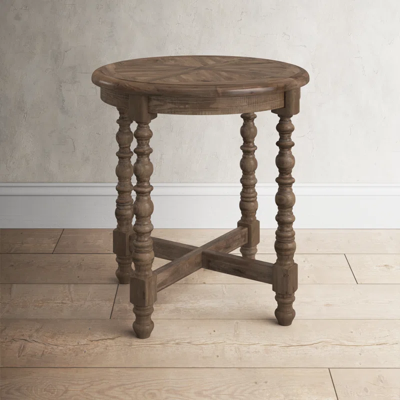 Round solid wood end table with hand turned legs and rustic elegant style. #endtables #livingroomfurniture #modernrustic