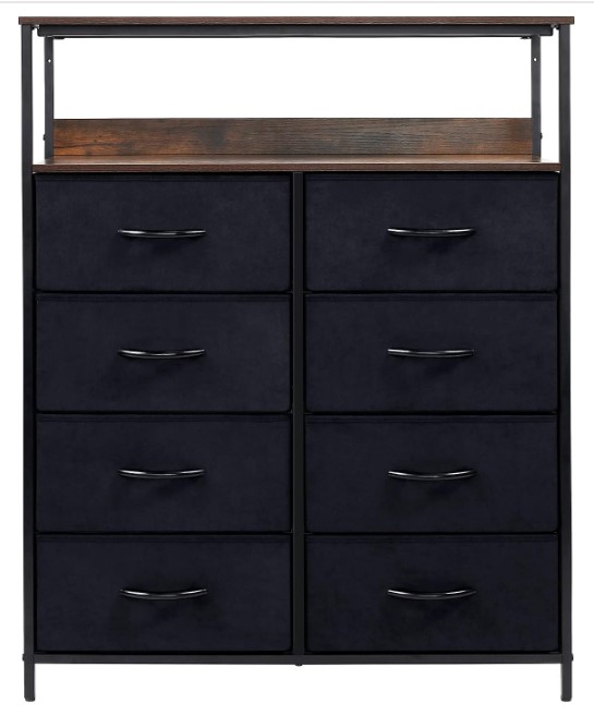 8 Drawer dresser with fabric drawers, steel frame and wood top. #dressingrooms #bedroomfurniture