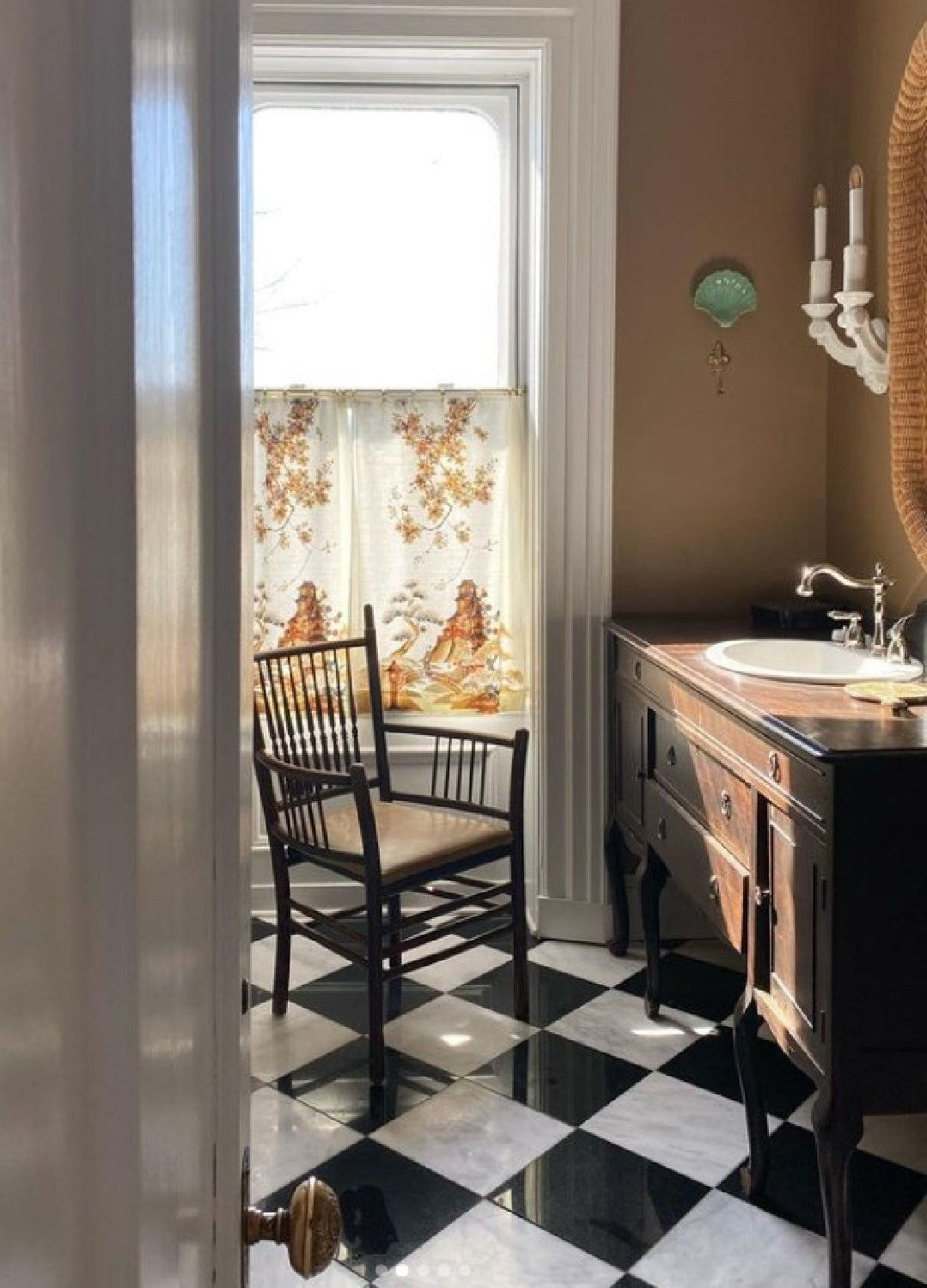 Sherwin Williams Pure White on trim in a lovely timeless bath with checkered floor - @via110design. #sherwinwilliamspurewhite