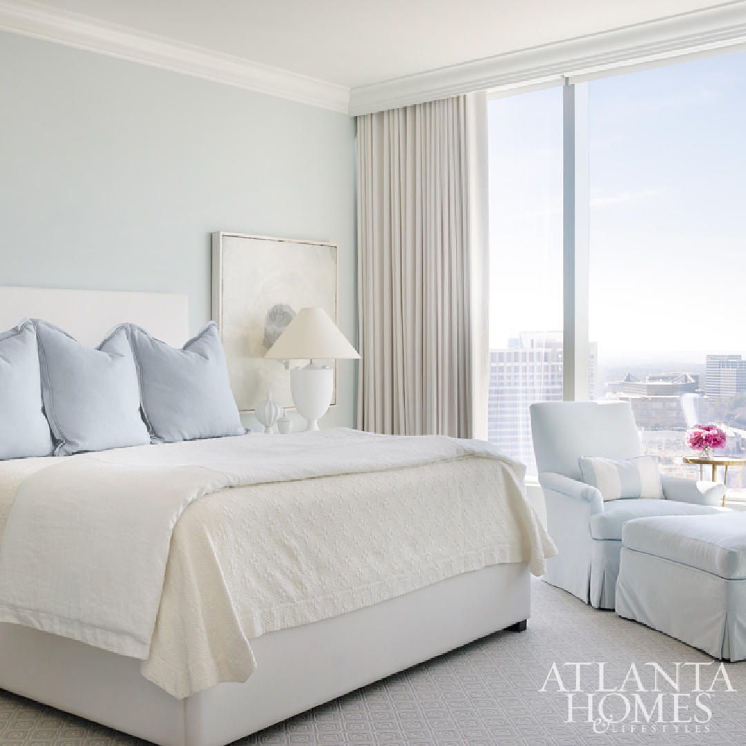 Farrow & Ball Borrowed Light in an ethereal bedroom with elegant design by Melanie Turner Interiors. #farrowandballborrowedlight #lightfrenchblue