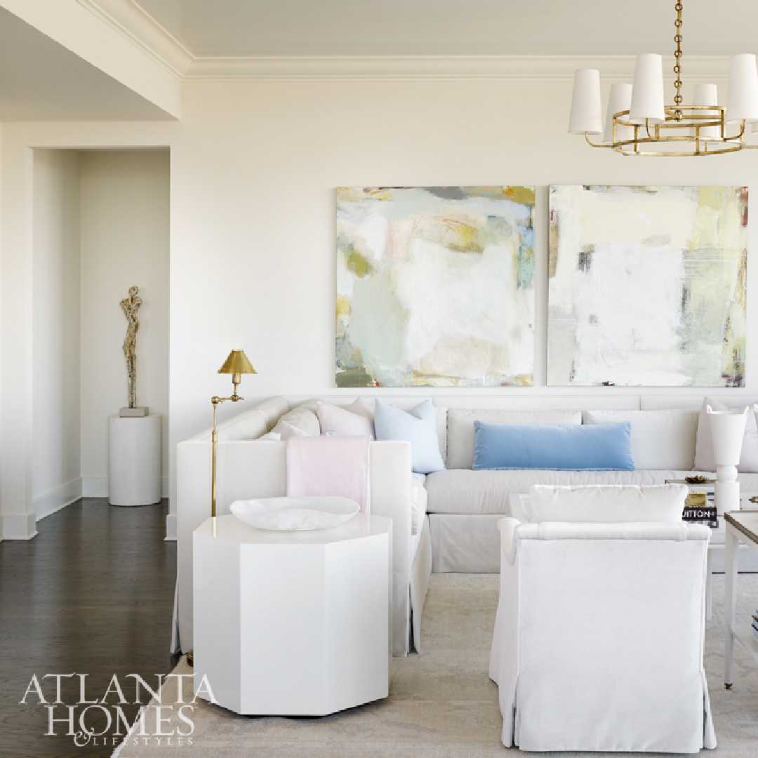 Benjamin Moore Seapearl walls and Farrow and Ball Borrowed Light painted ceiling in an ethereal living room with elegant design by Melanie Turner Interiors. #benjaminmooreseapearl #farrowandballborrowedlight