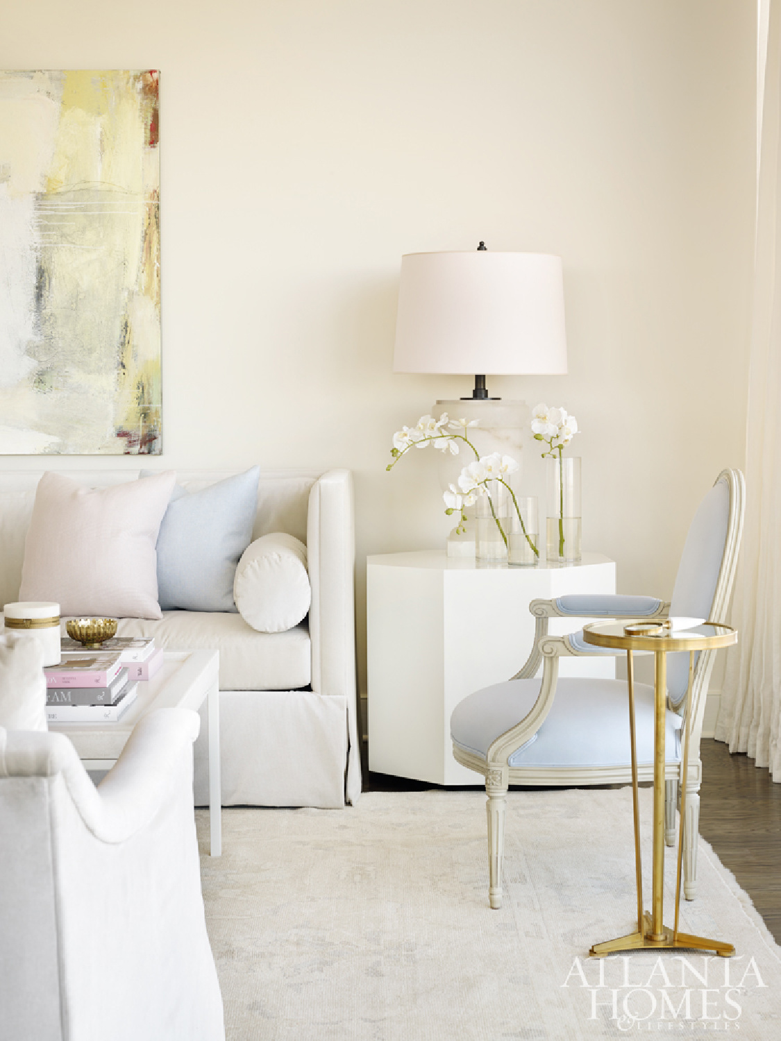 Benjamin Moore Seapearl walls in an ethereal living room with elegant design by Melanie Turner Interiors. #benjaminmooreseapearl #etherealinteriors