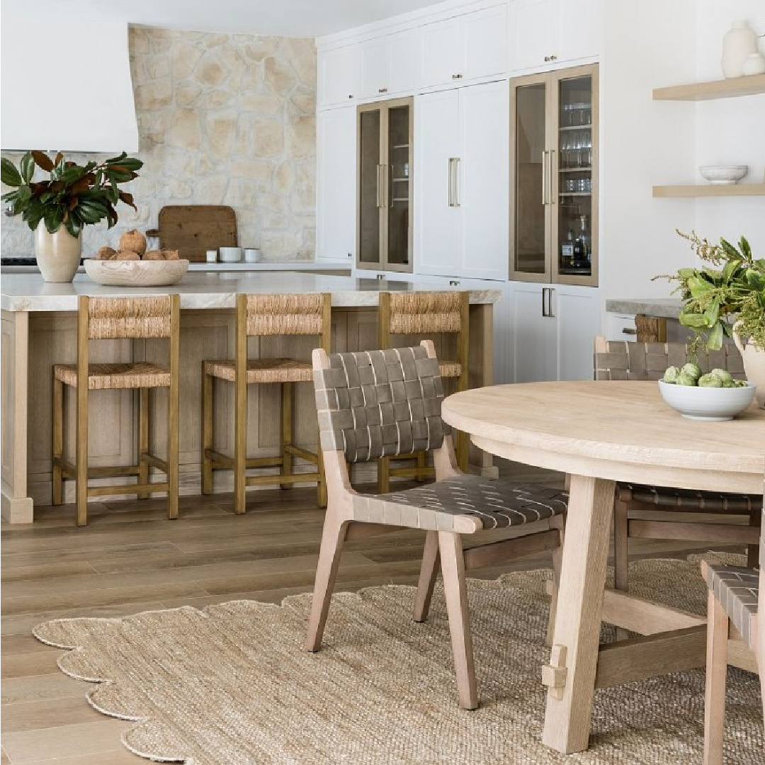 Beautiful modern rustic kitchen with stone wall and neutral natural colors, Pottery Barn.