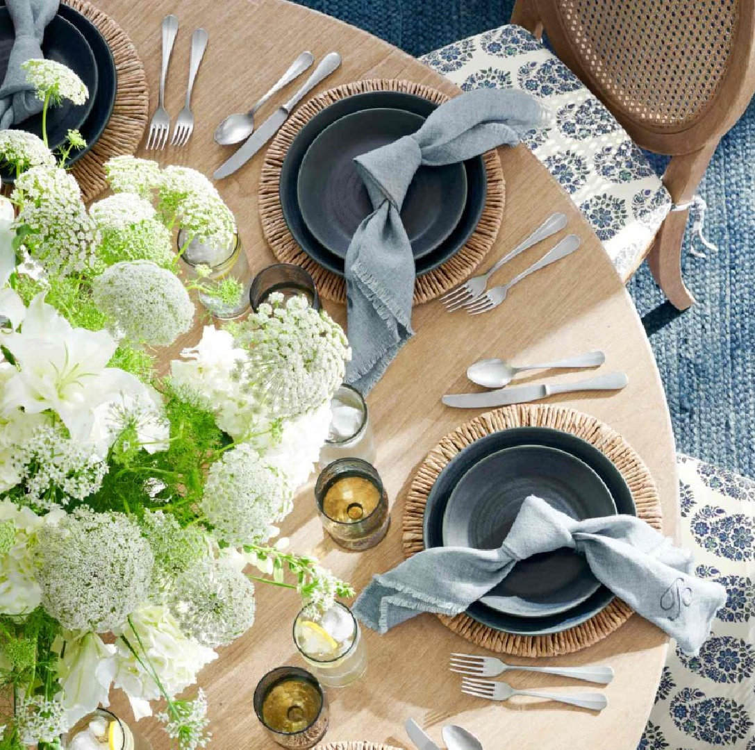 Pretty spring tablescape with blue, Pottery Barn.