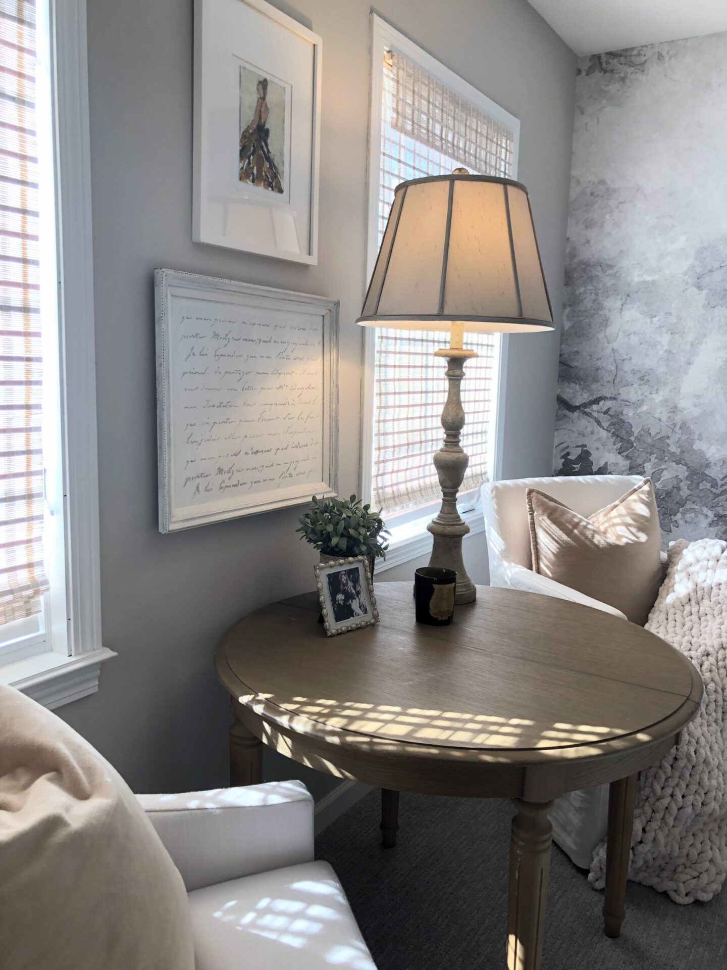 Holly Irwin art in serene bedroom with Belgian style and SW Agreeable Gray Walls - Hello Lovely. #agreeablegray