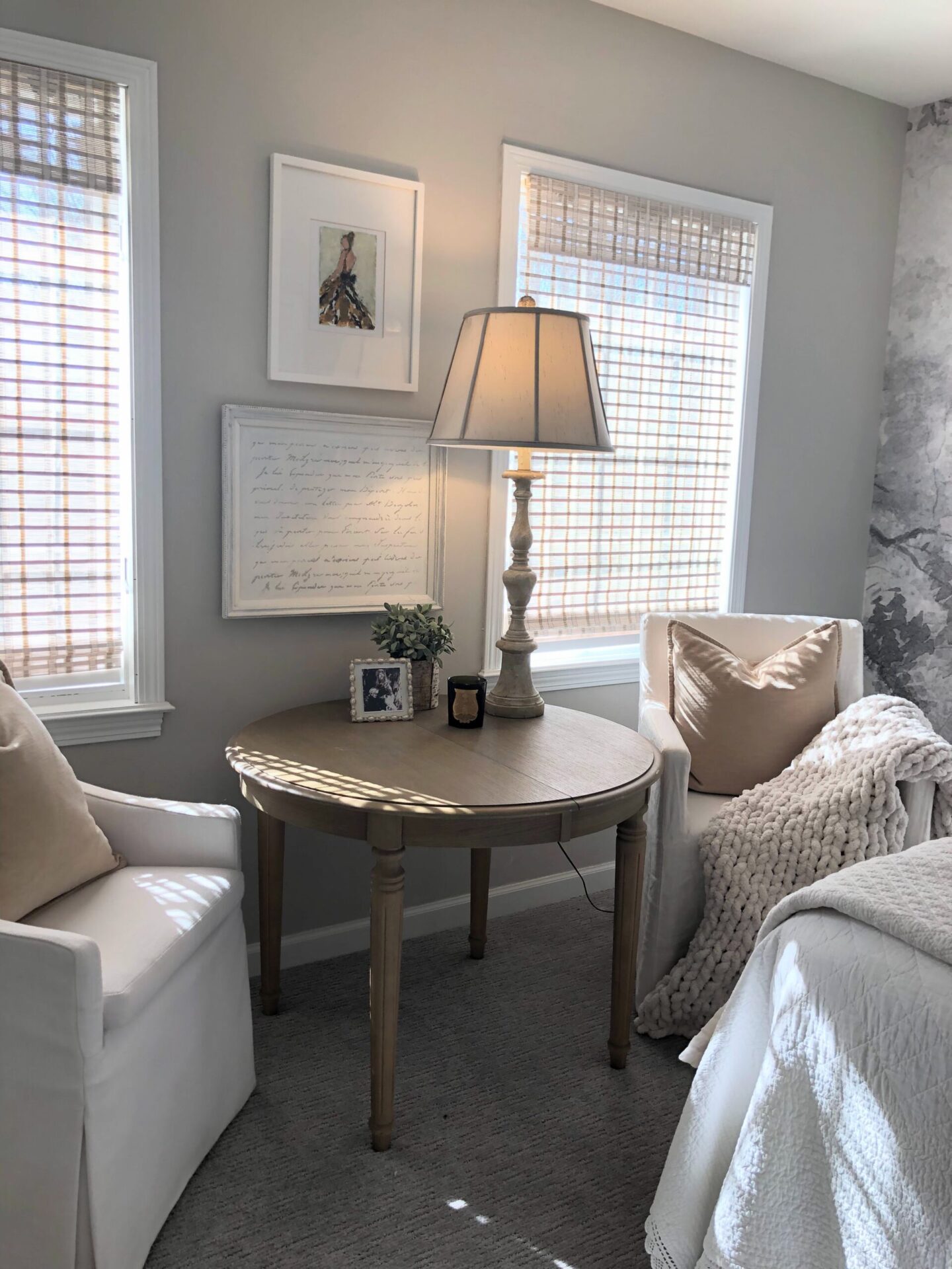 Holly Irwin art in serene bedroom with Belgian style and SW Agreeable Gray Walls - Hello Lovely. #agreeablegray