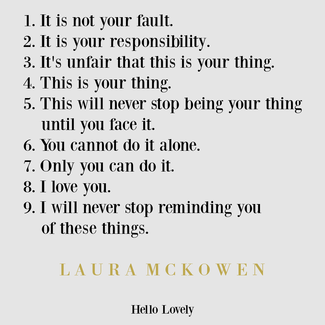 Laura McKowen (WE AR THE LUCKIEST) inspirational quote about sobriety, recovery, addiction, personal growth on Hello Lovely Studio.