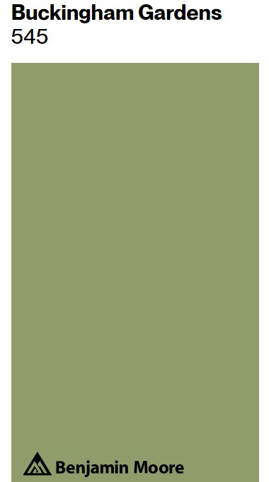 Benjamin Moore Buckingham Gardens green paint color swatch. #greenpaintcolors #benjaminmoorebuckinghamgardens