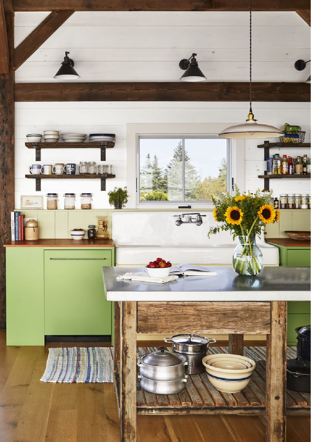 Benjamin Moore Buckingham Gardens in a green rustic kitchen by Nate McBride.