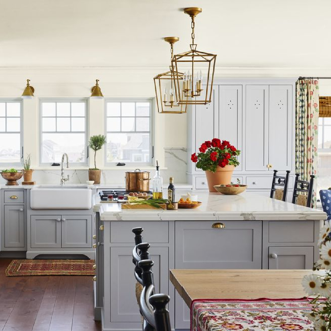 Benjamin Moore Silver Lining on cabinets in country kitchen by Katie Rosenfeld.