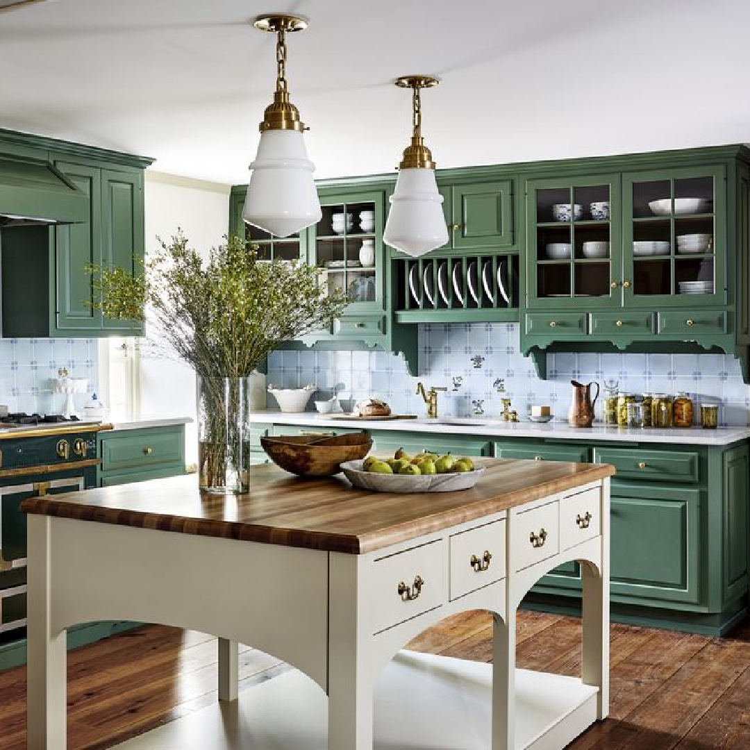 Cameron Ruppert designed kitchen with cabinets painted Benjamin Moore Peale Green.