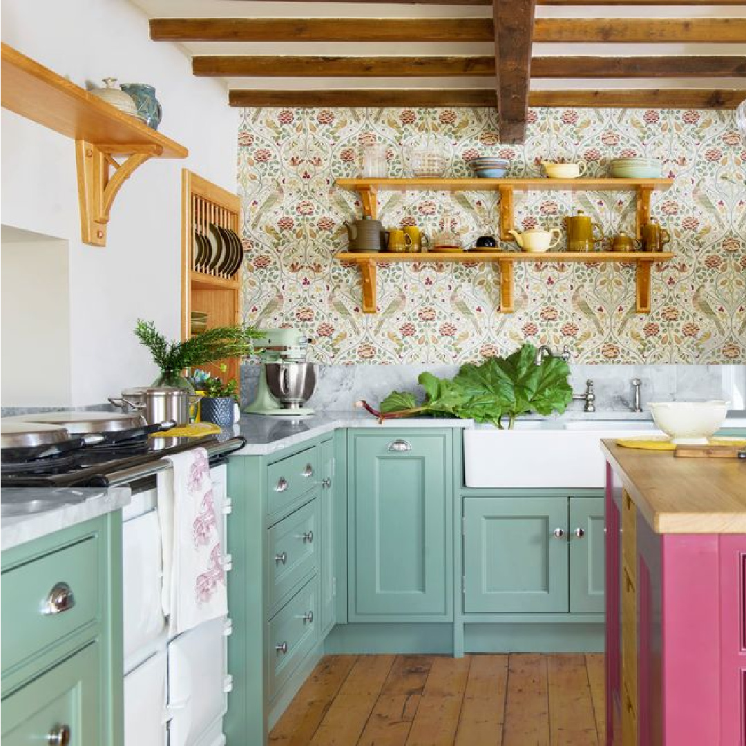 Green kitchen cabinets painted Farrow & Ball Calke Green (Photo by Colin Poole).