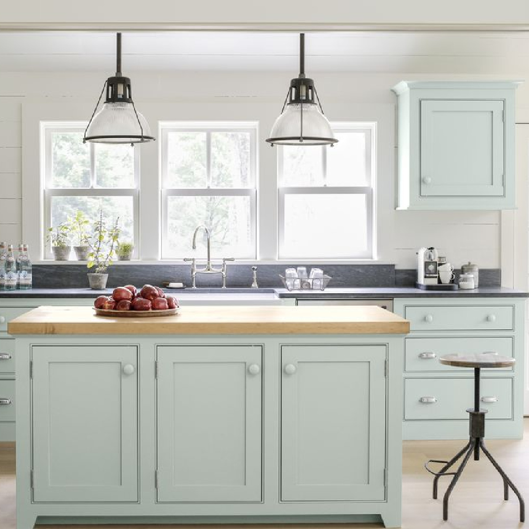 Farrow & Ball Green Blue in a lovely country kitchen by Dana Simpson. 