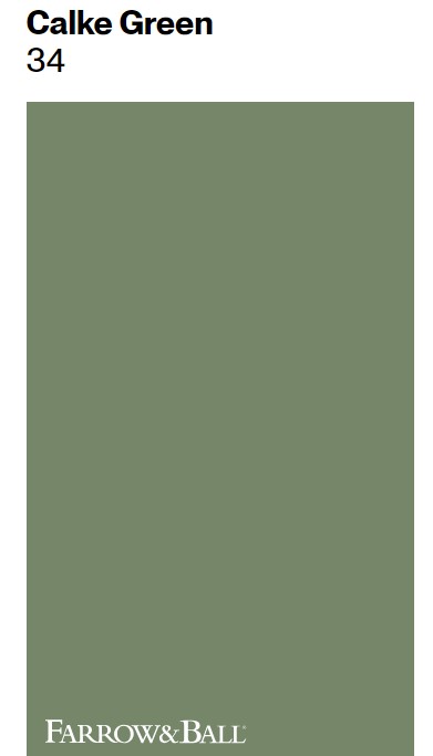 Farrow & Ball Calke Green 34 paint color swatch. #greenpaintcolors #farrowandballcalkegreen