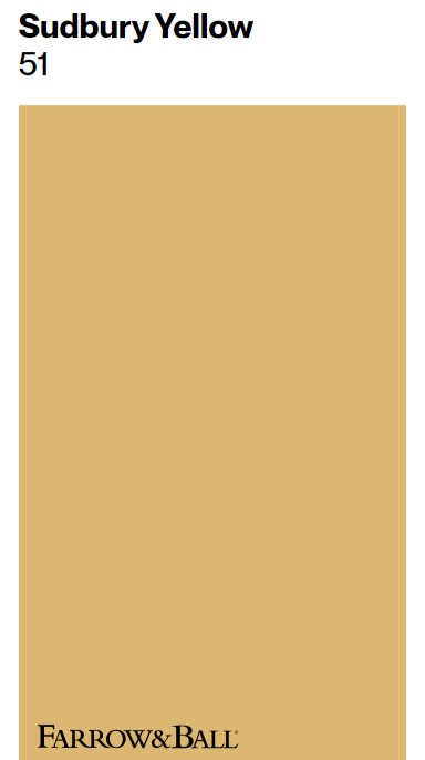 Farrow & Ball SUDBURY YELLOW paint color swatch. #farrowandballsudburyyellow