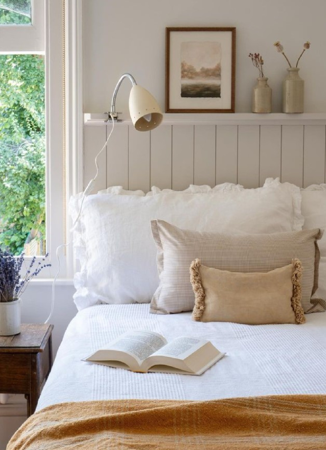 The Venetian Pantry designed bedroom with Farrow & Ball Skimming Stone painted tongue and groove paneled headboard.