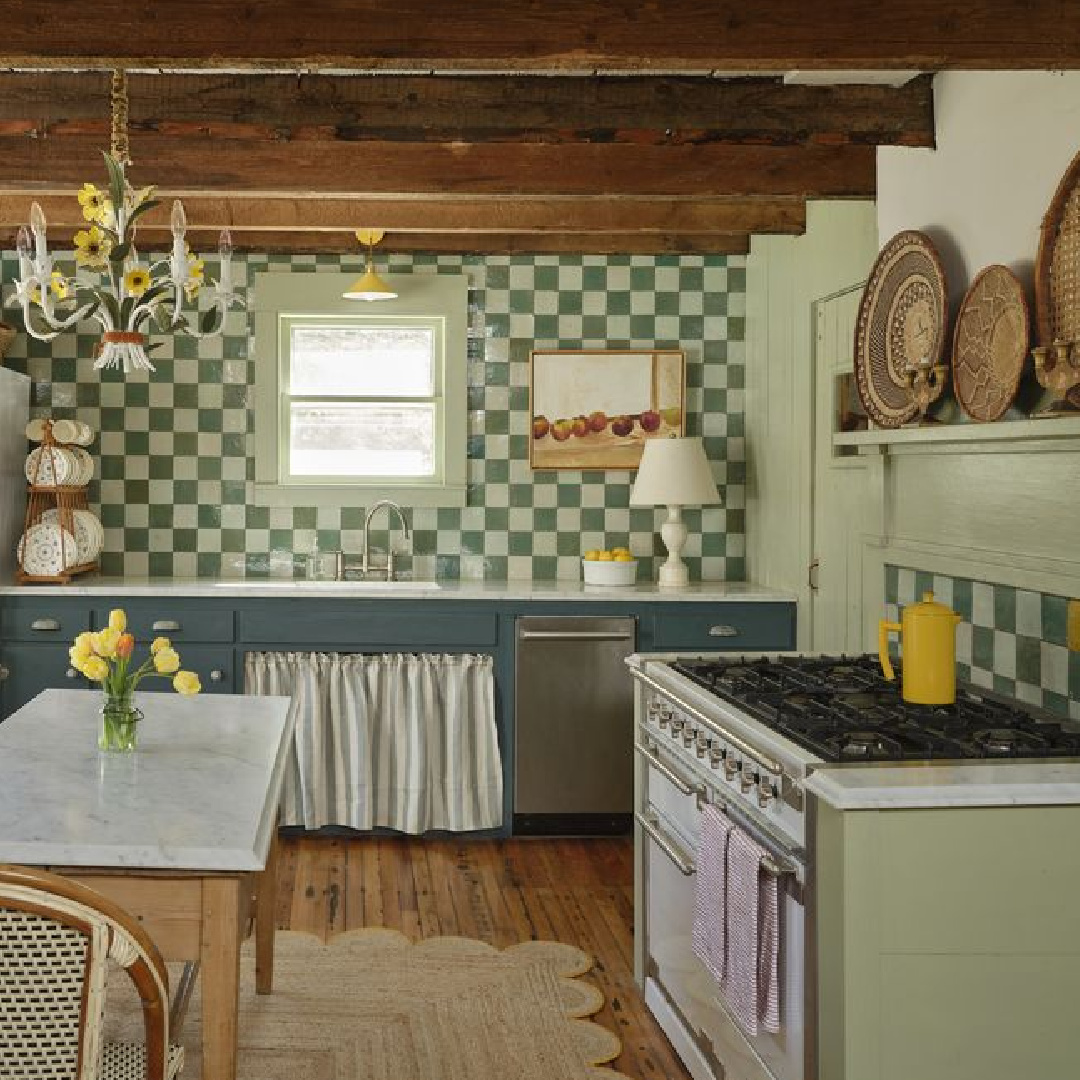 Farrow & Blue Inchyra Blue and Vert de Terre in a kitchen by Christina Salaway in Country Living. #greenkitchens