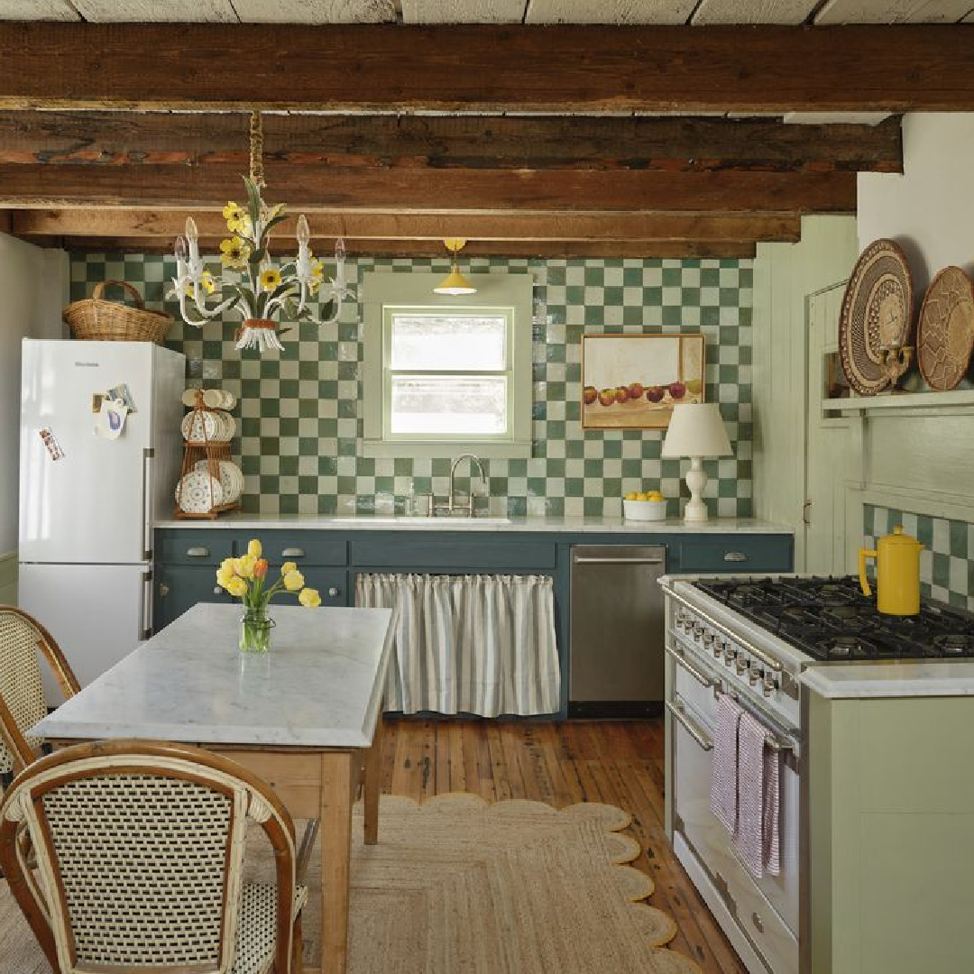 Farrow & Blue Inchyra Blue and Vert de Terre in a kitchen by Christina Salaway in Country Living. #greenkitchens