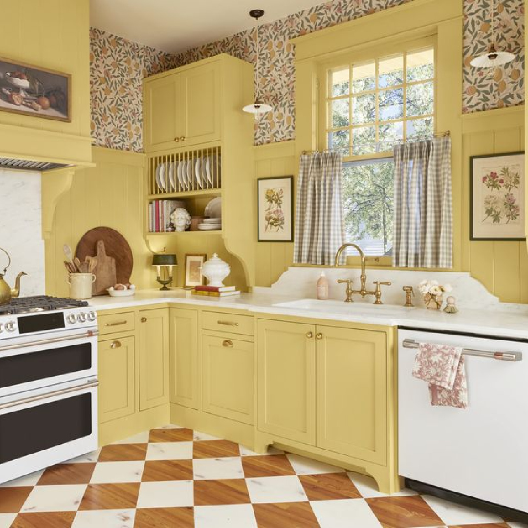 Farrow & Ball Sudbury Yellow in a country kitchen by Maribeth Jones. #yellowkitchens