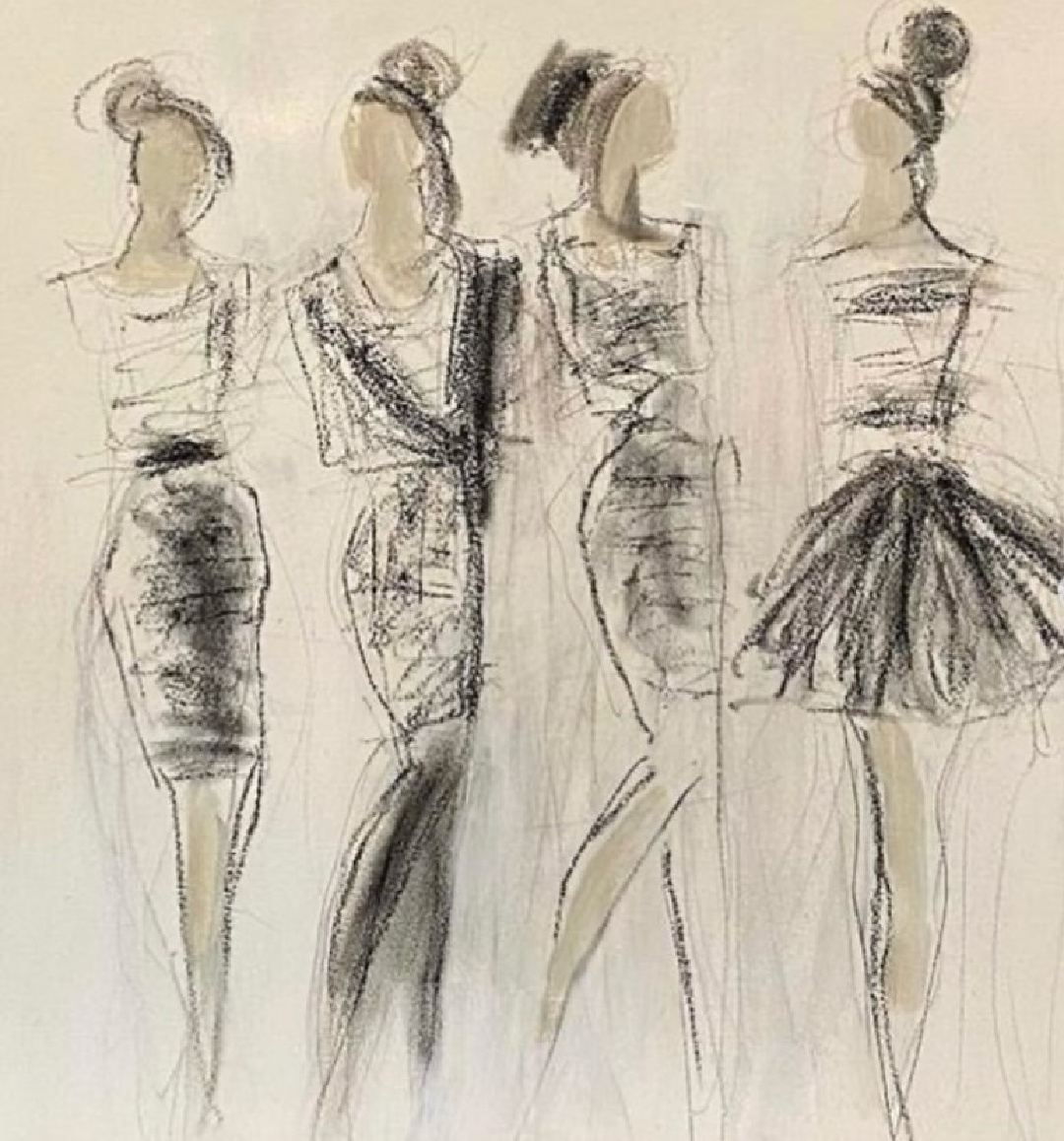 Holly Irwin fine art fashionable sketch with four women - Hello Lovely Studio.