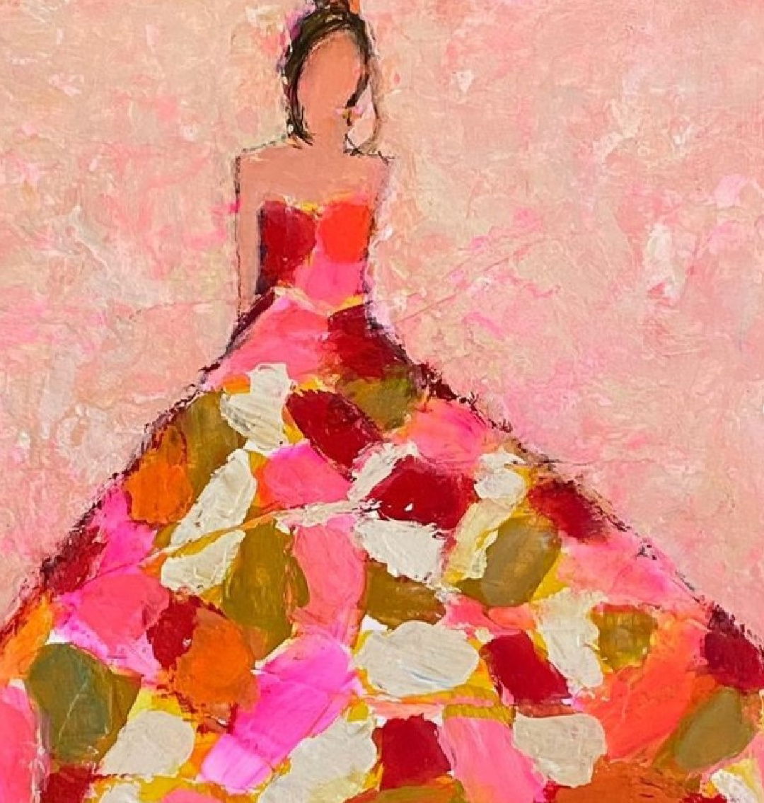 Holly Irwin fine art painting of woman in colorful skirt with pink on Hello Lovely Studio.
