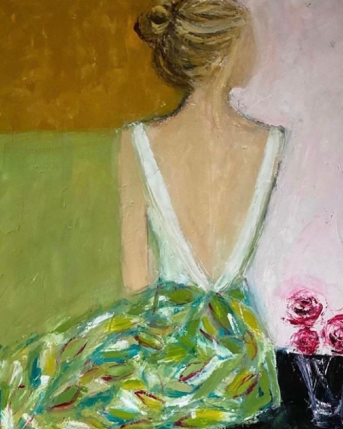 Holly Irwin fine art painting of woman with color blocking on Hello Lovely Studio.